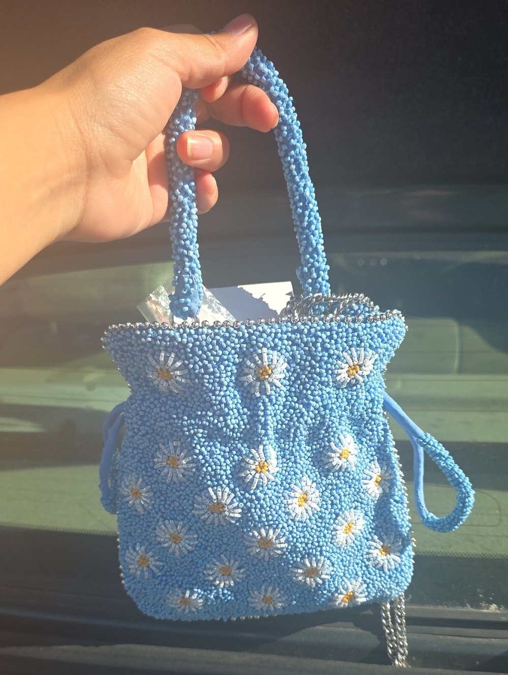 Zara Handcrafted Blue Beaded Daisy Bucket Bag